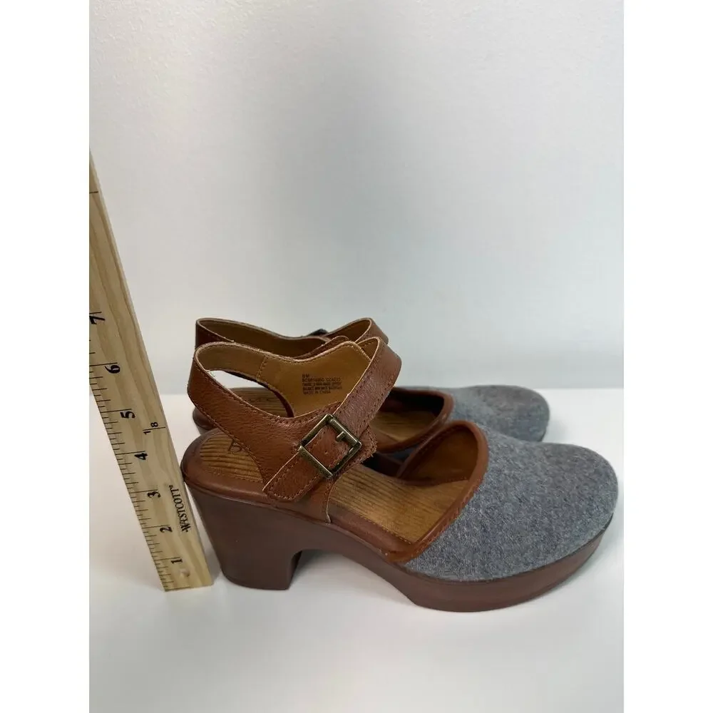 BOC Big on Comfort Grey Felt & Brown Ankle Strap Platform Clog Heels | Size 8